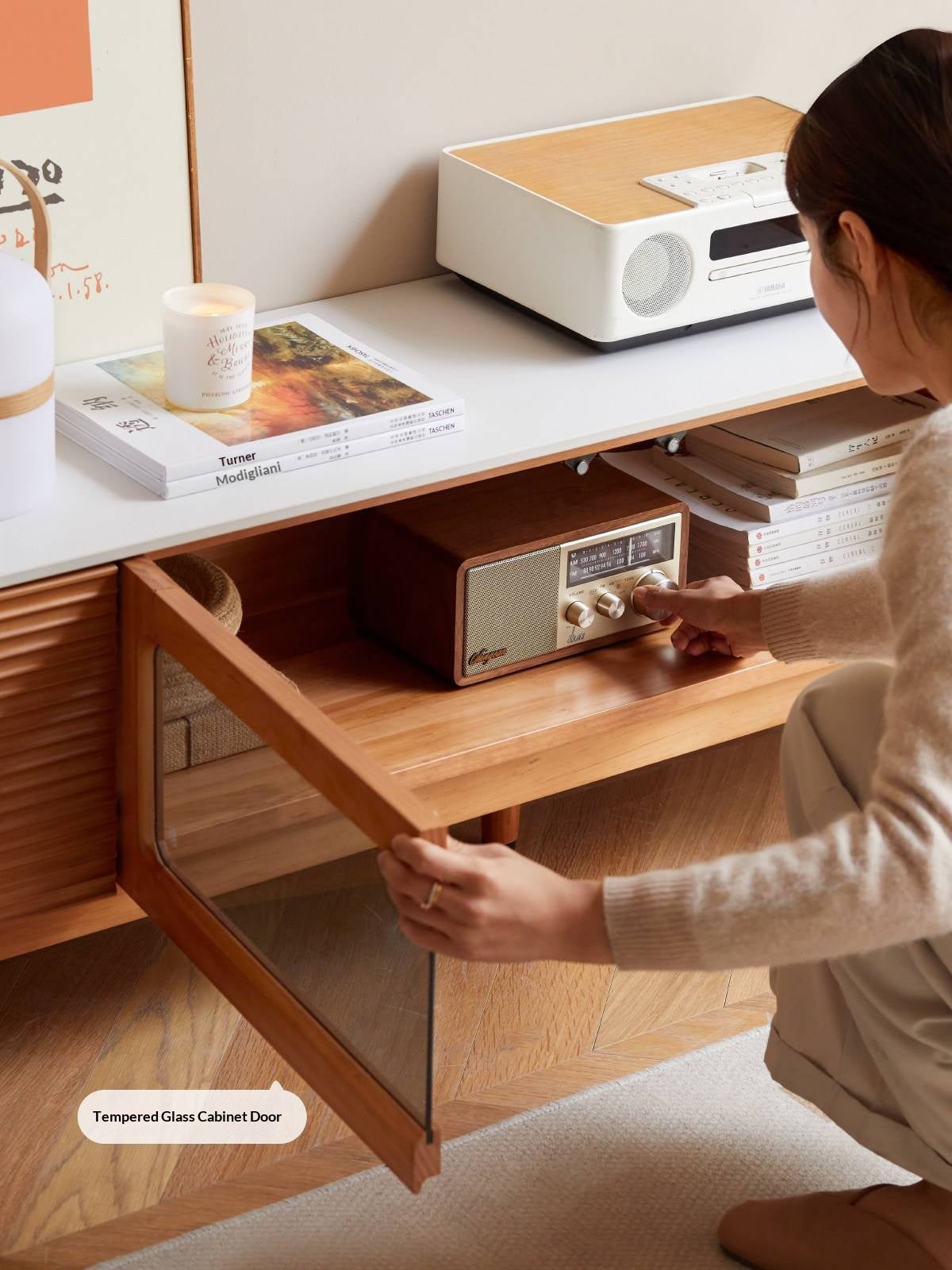 Pine Solid Wood Modern Rock Floor TV Cabinet.