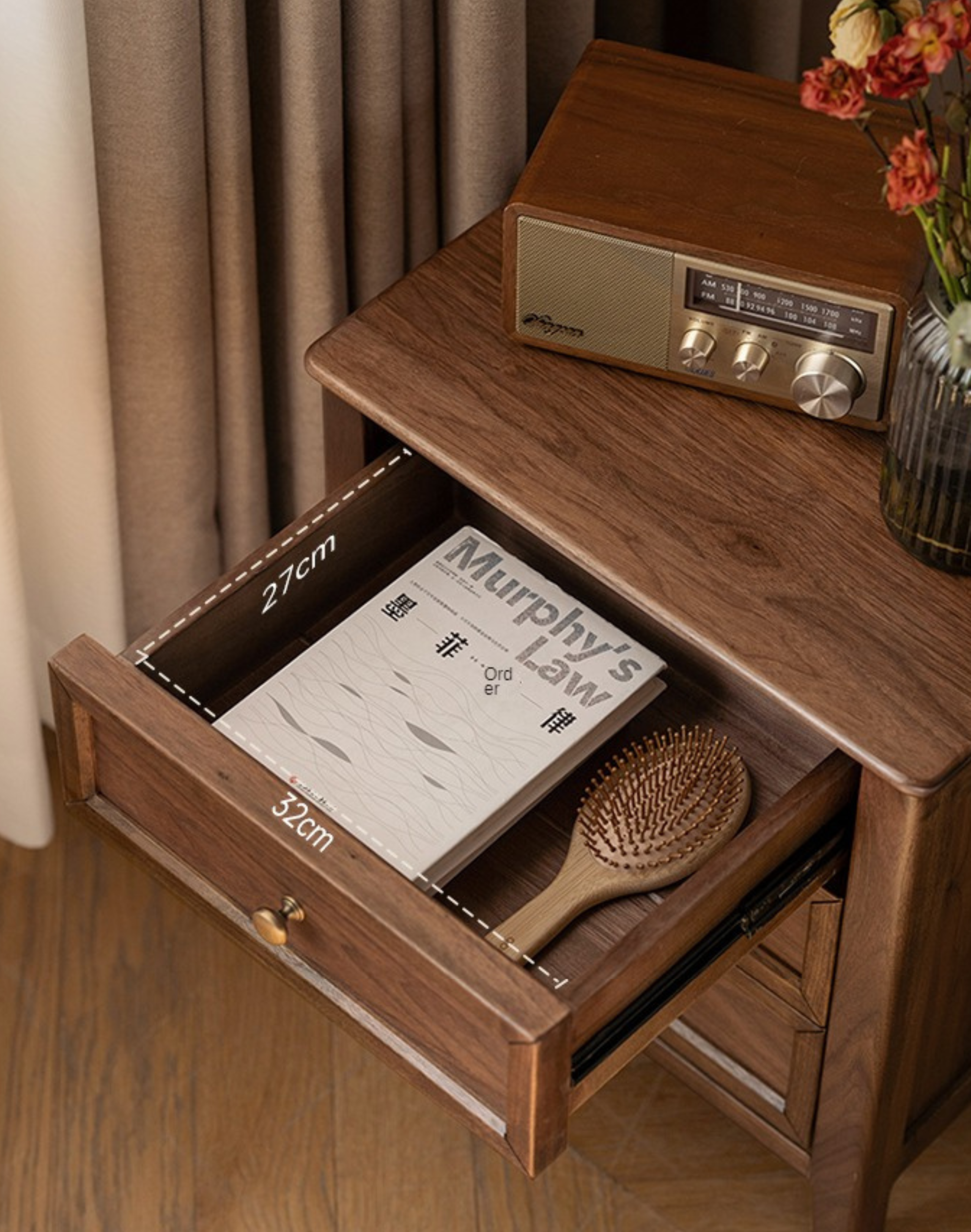 Black Walnut Solid Wood Nightstand.
