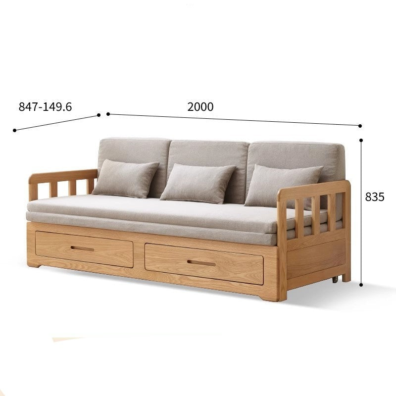 Oak Solid Wood Sofa Bed Folding Retractable Storage.