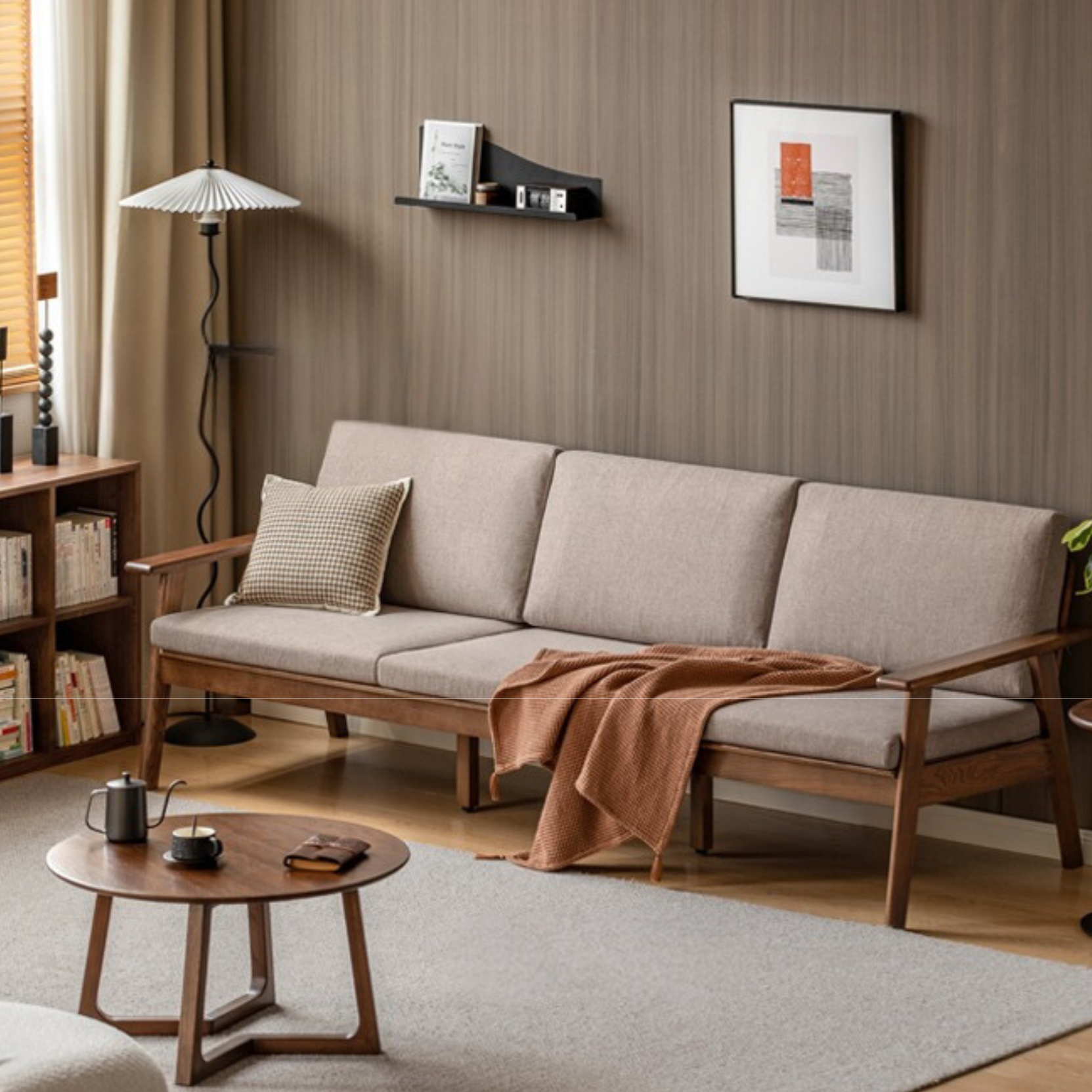 Oak Solid Wood Straight Sofa 4 fabrics color