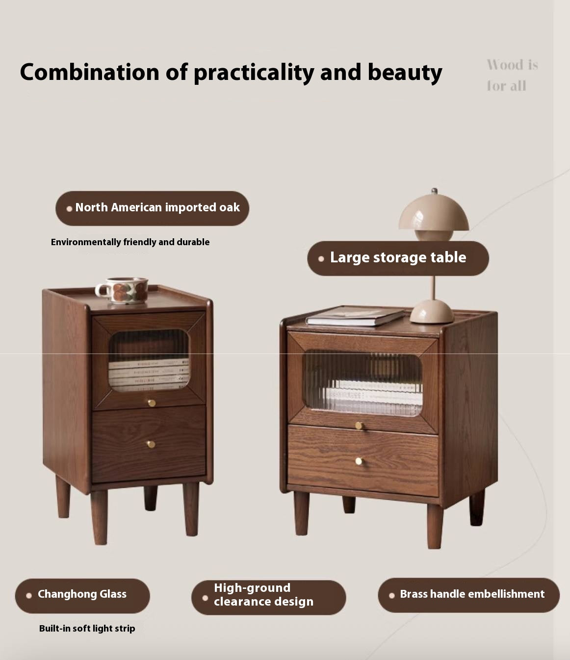 Solid Longan Hardwood, Oak Solid Wood Modern Style Nightstand