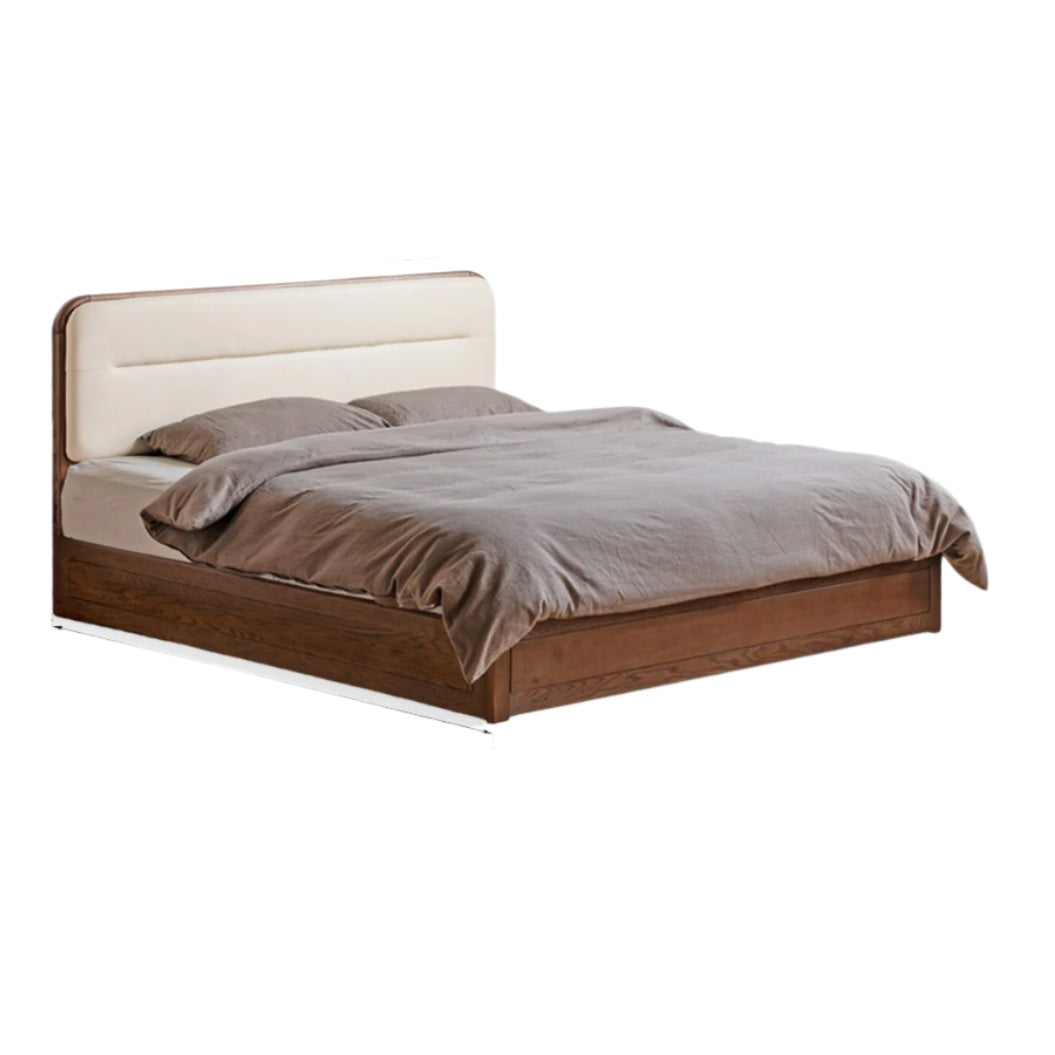 Oak Solid Wood Modern Genuine Leather, Organic Leather Storage Bed