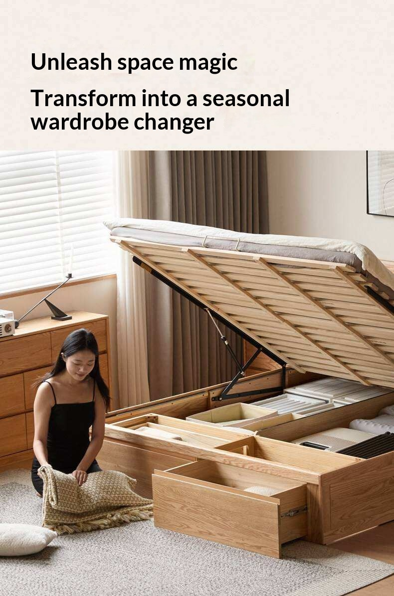 Oak Solid Wood Storage Bed with Hydraulic Lift-Up Frame and drawers