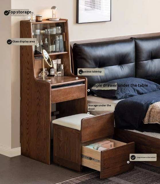Oak Solid Wood, Rubberwood Solid Vanity Table with Drawers and Modern Minimalist Design