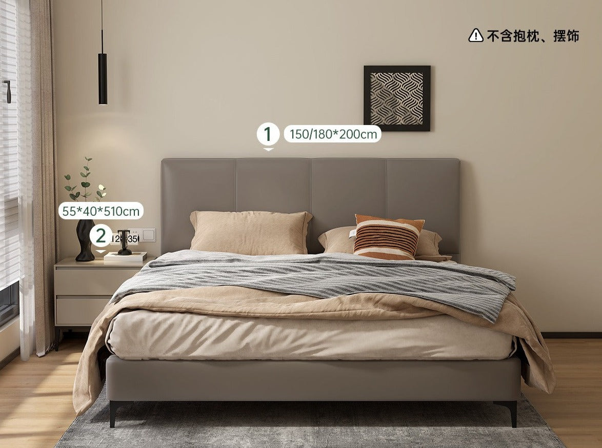 Genuine Leather Cowhide Bed Light Luxury Style Bedroom Complete Set of Furniture.