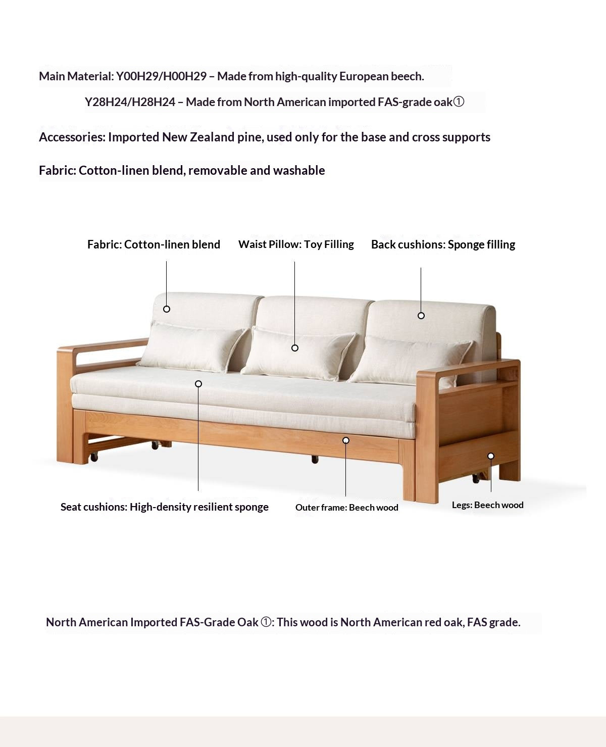 Oak, Beech Solid Wood Multifunctional Storage Sofa Bed