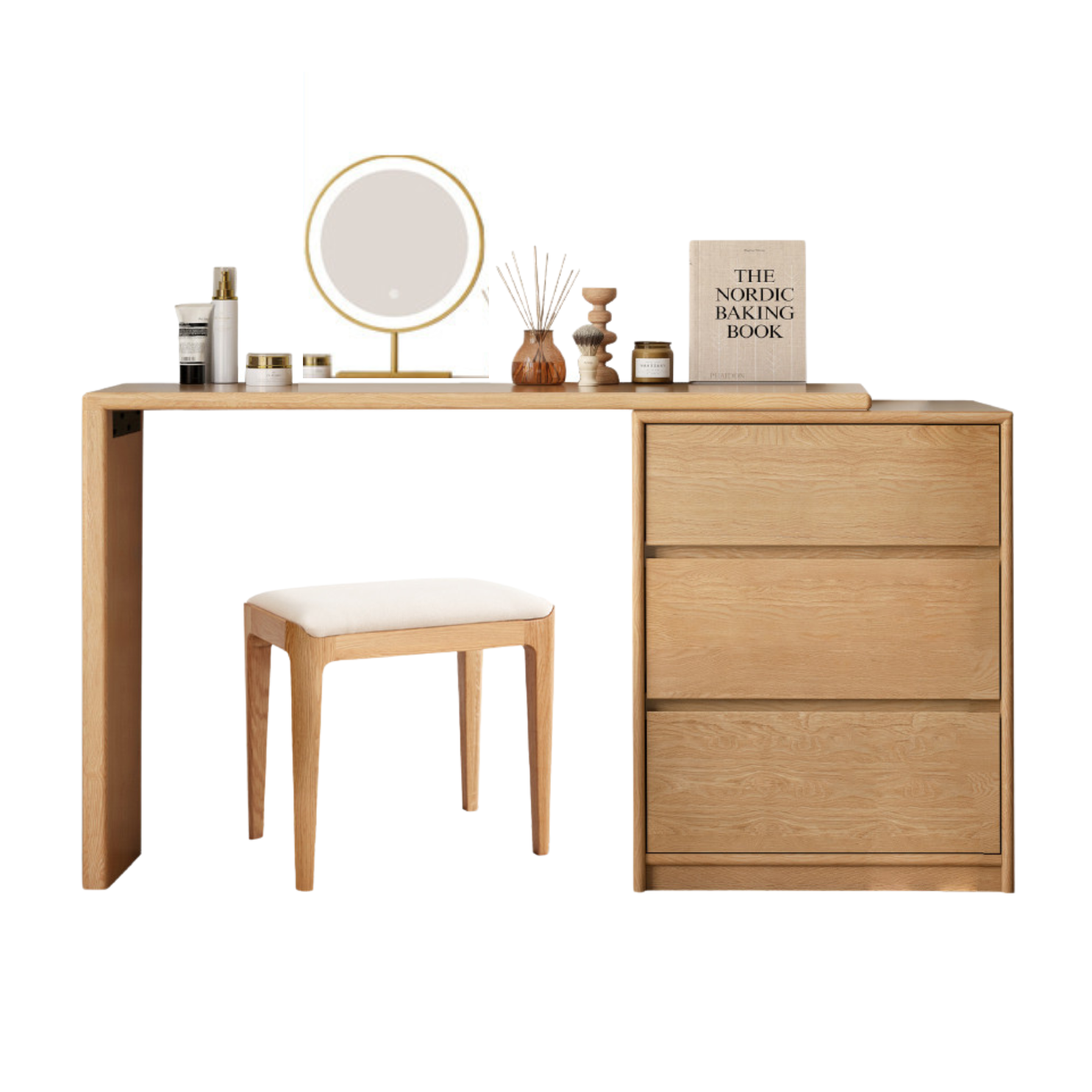 Oak, Solid Rubberwood Dressing Table L-Shaped Corner