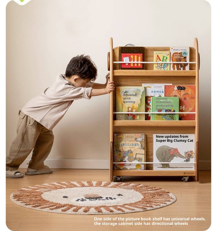 Beech Solid Wood Movable Double-Sided Floor-Standing Storage Children's Rack