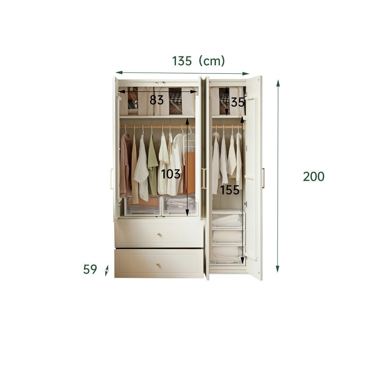 Pine Solid Wood Wardrobe French Cream Style.