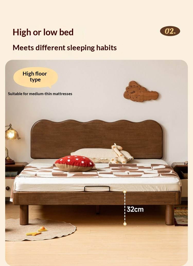 Rubberwood Solid Wood Low Kids Bed with Removable Legs and Adjustable Headboard Height