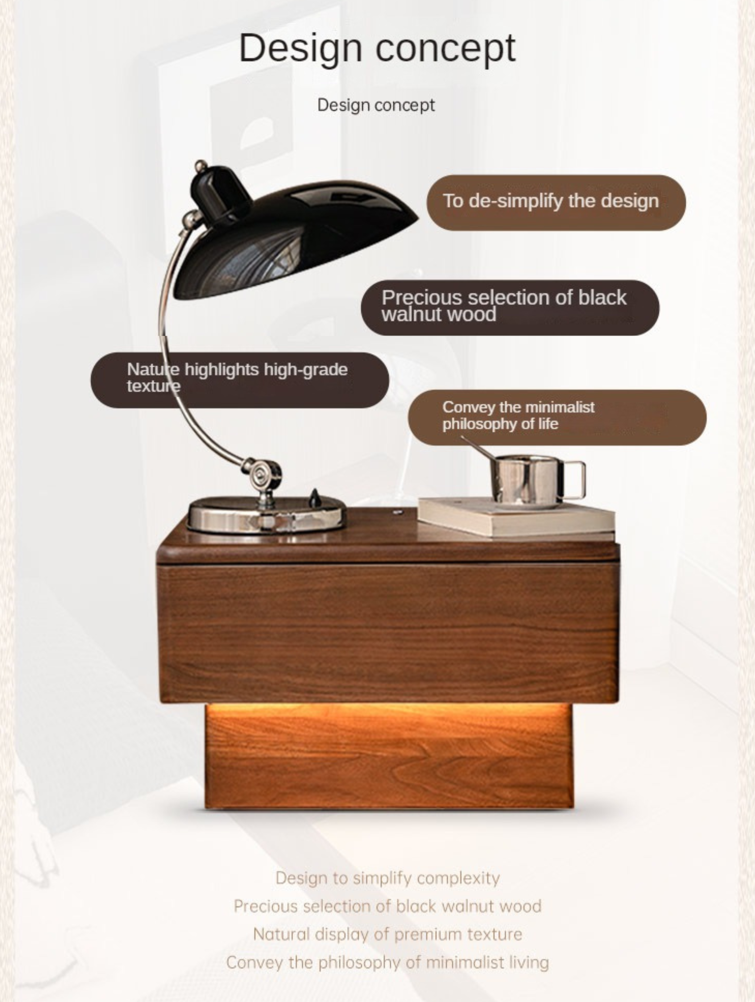 Black Walnut Solid Wood Nightstand With Light Drawer