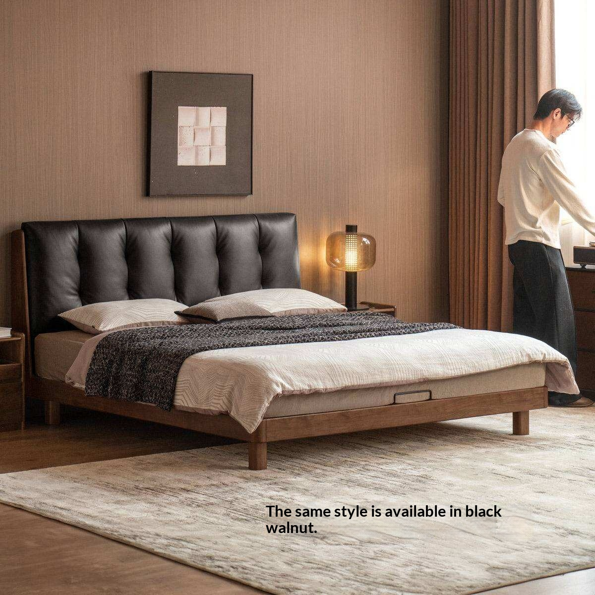 Rubberwood Solid Wood Italian Style Bed with Leather Headboard and Soft Goose Down Cushion
