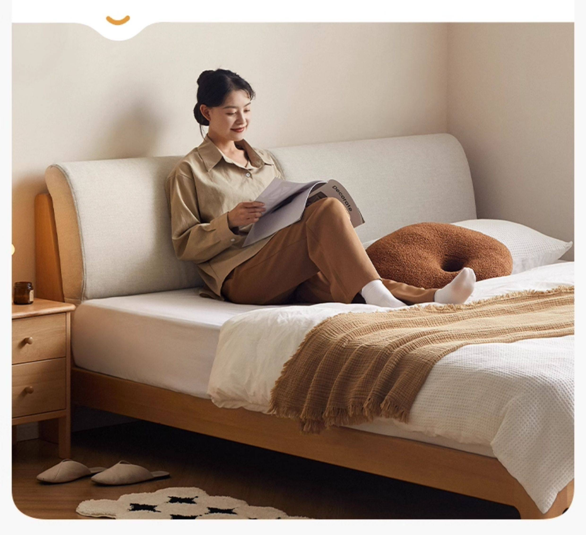 Beech Solid Wood Upholstered King Bed — Soft Headboard with Fabric Upholstery