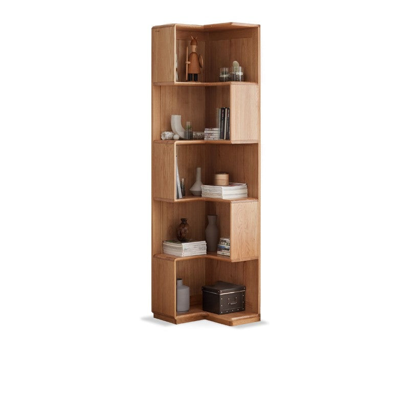 Oak Solid Wood Corner Bookshelf with Floor-Standing Storage Cabinet