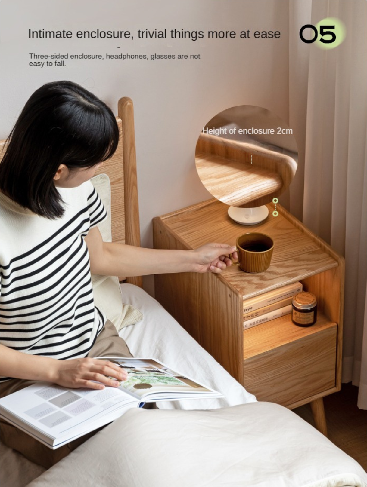 Oak Solid Wood, Solid Rubberwood Ultra-Narrow Nightstand.