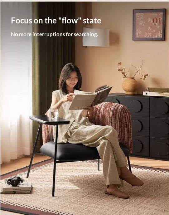 Modern Lounge Chair with Integrated Side Table, Upholstered Wraparound Accent Chair with Metal Frame