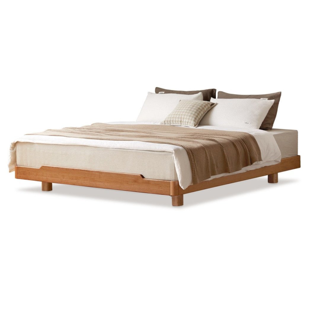 Cherry Wood Solid Wood platform bed, headboard-free bed with Light.
