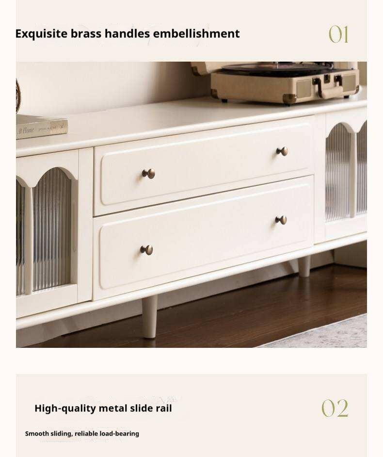 Solid Rubberwood TV Cabinet French Cream Style and Integrated Storage