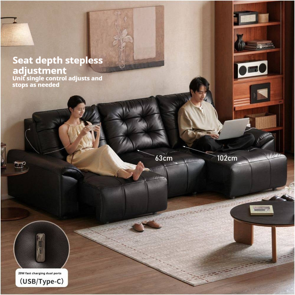 Genuine Leather Tufted Pull-Out Sleeper Sofa with Storage Chaise