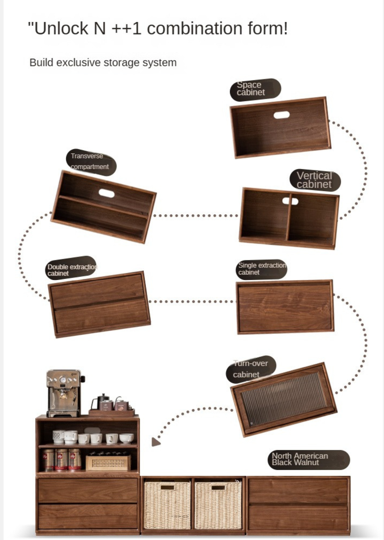 Black Walnut, Oak Solid Wood TV Cabinet Modern Module Combination Storage.