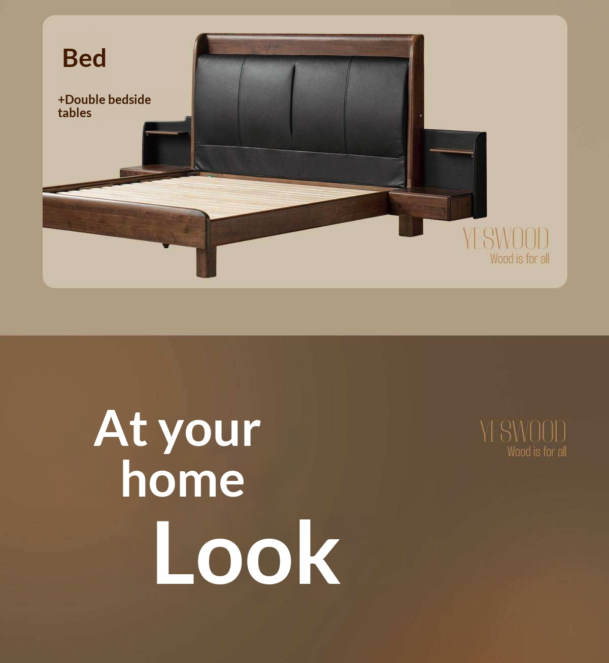 Black Walnut Solid Wood Genuine Leather Curved Leather Bed with Floating Base and LED Lighting