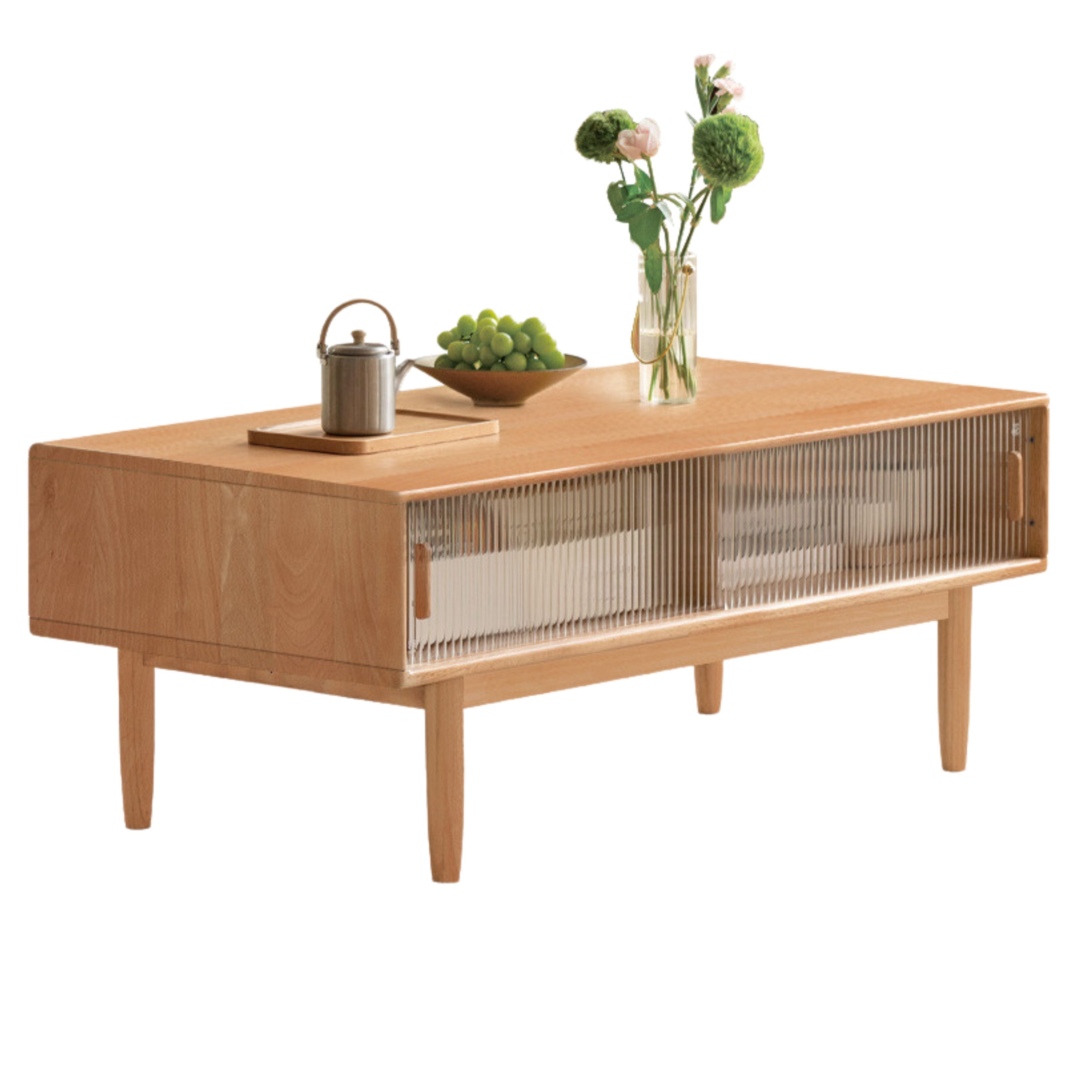 Oak, Beech Solid Wood Glass Doors Coffee Table