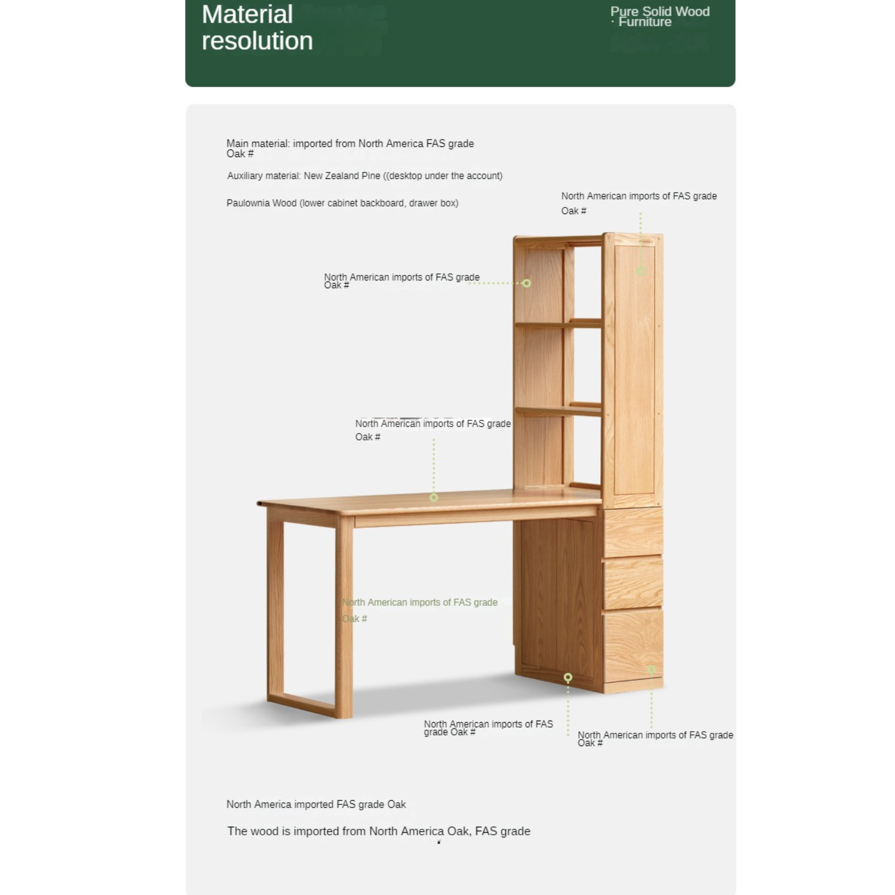 Oak Solid Wood Desk with Bookshelf and Drawer