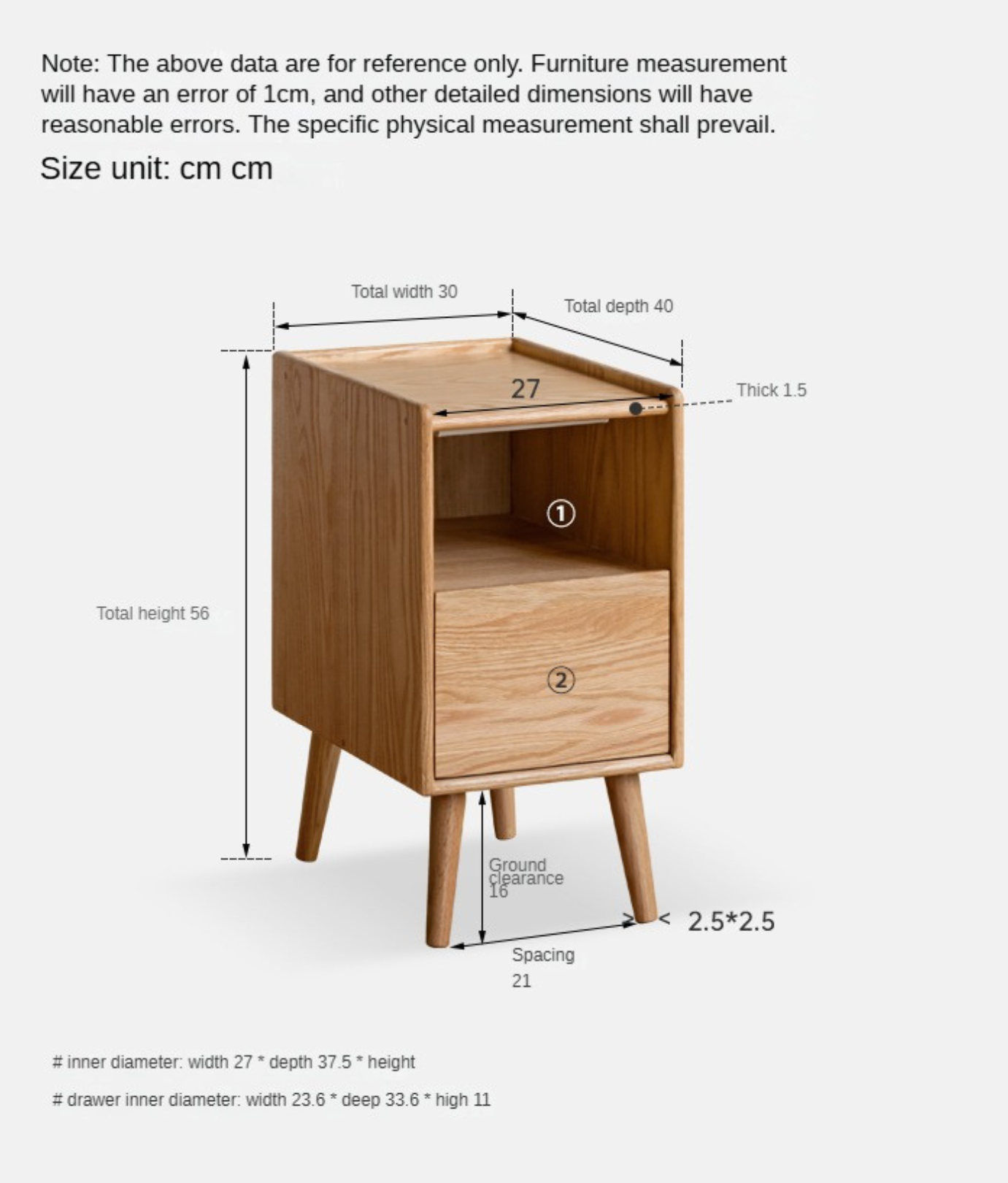 Oak Solid Wood, Solid Rubberwood Ultra-Narrow Nightstand.