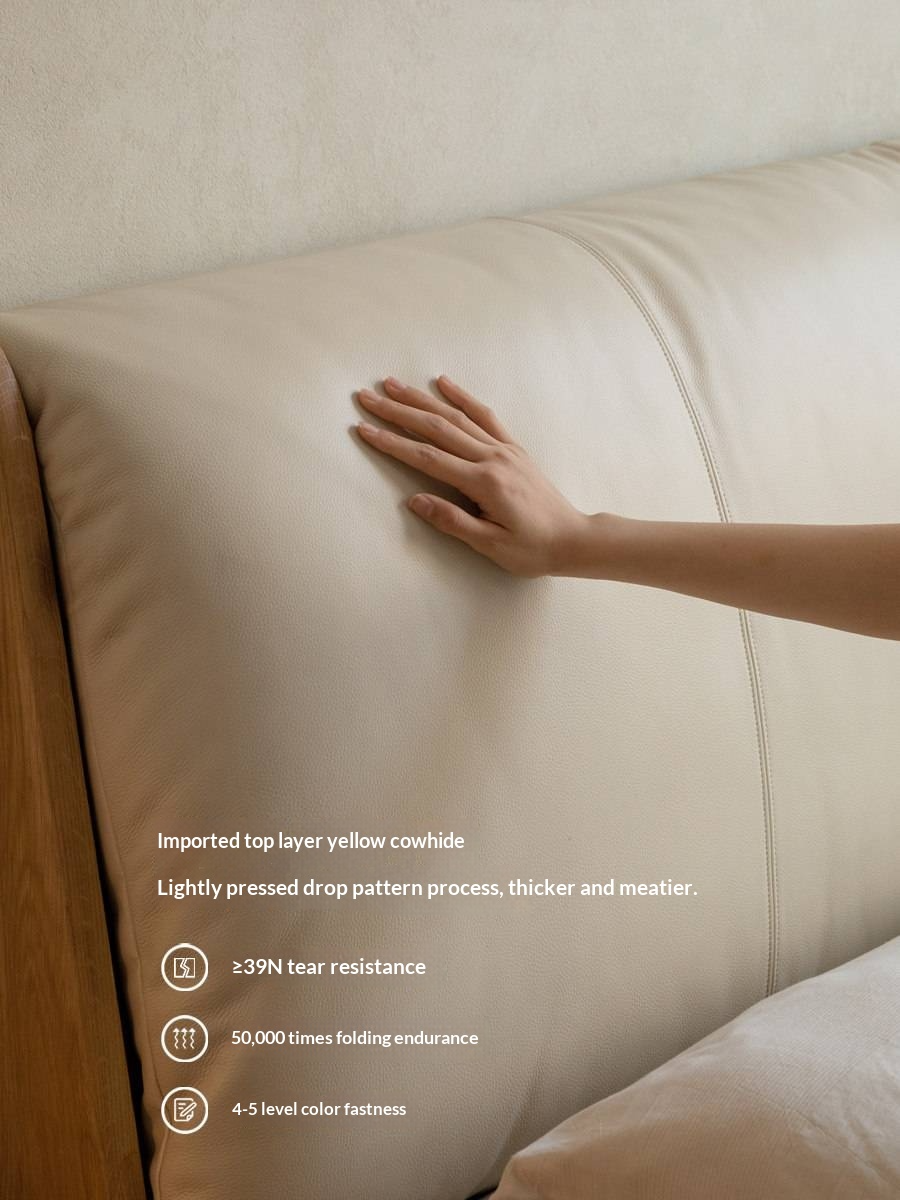 Oak Solid Wood Bed — Italian Light Luxury with White Genuine Leather and Soft Backrest