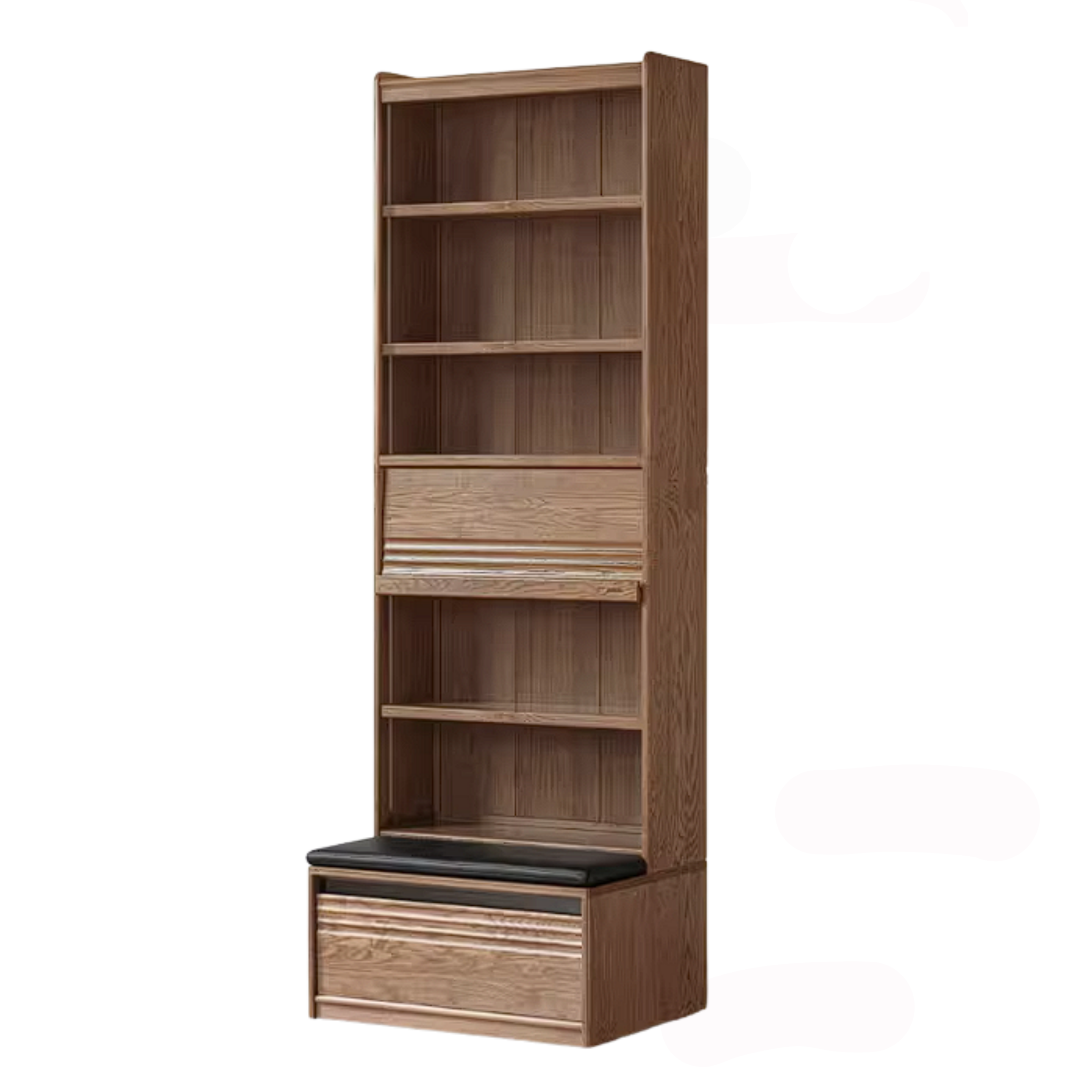 Ash Solid Wood Bookcase with Built In Bench Seat and Storage Drawer, Display Cabinet