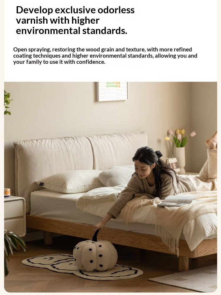 Oak Solid Wood Bed — Cream Style Upholstered Suspended Luminous Bed