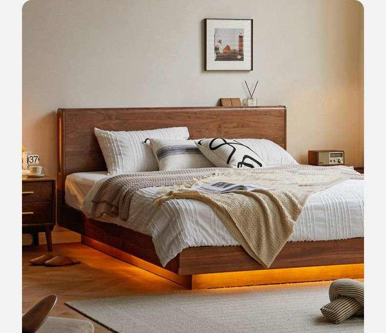 Black Walnut, Sandalwood Solid Wood Box Bed — Luxury Floating Bed with Glow-in-the-Dark Features