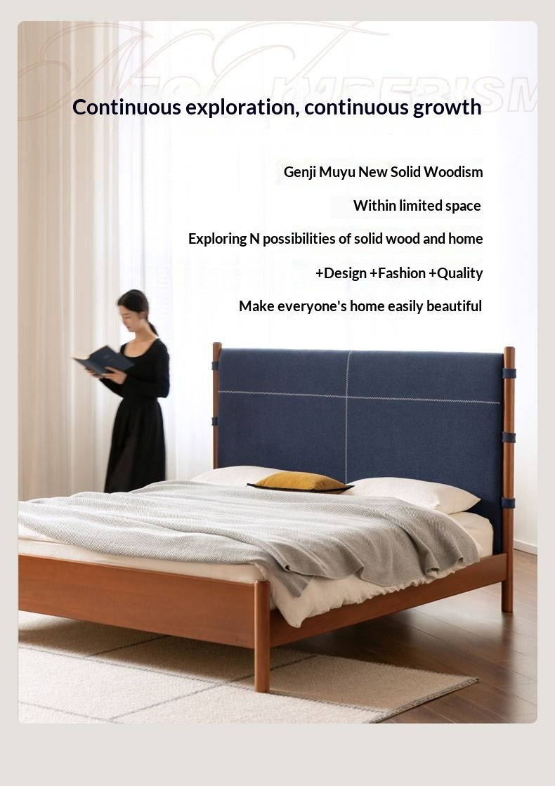 Poplar Solid Wood Bed with Vintage High Backrest and Soft Upholstery