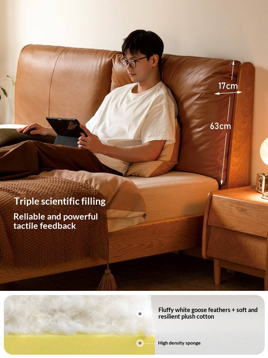 Cherry Solid Wood Bed — Retro Style with Genuine Leather Upholstery