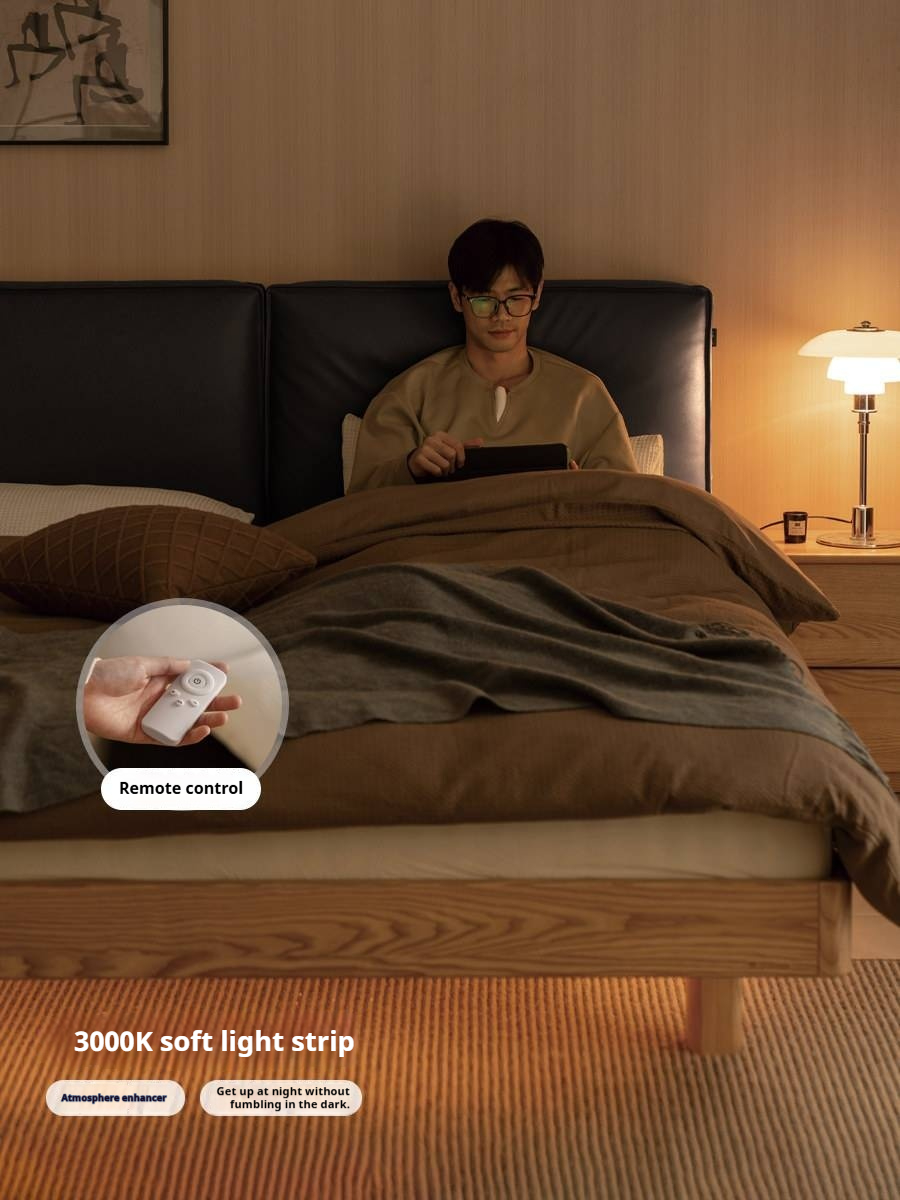 Ash Solid Wood Floating Bed — Modern Minimalist, Genuine Leather Upholstery