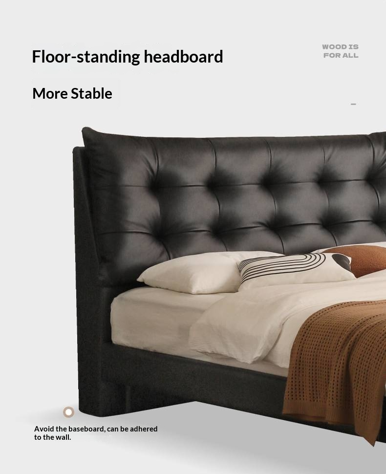 Genuine Leather Upholstered Double Bed in Solid Wood Frame