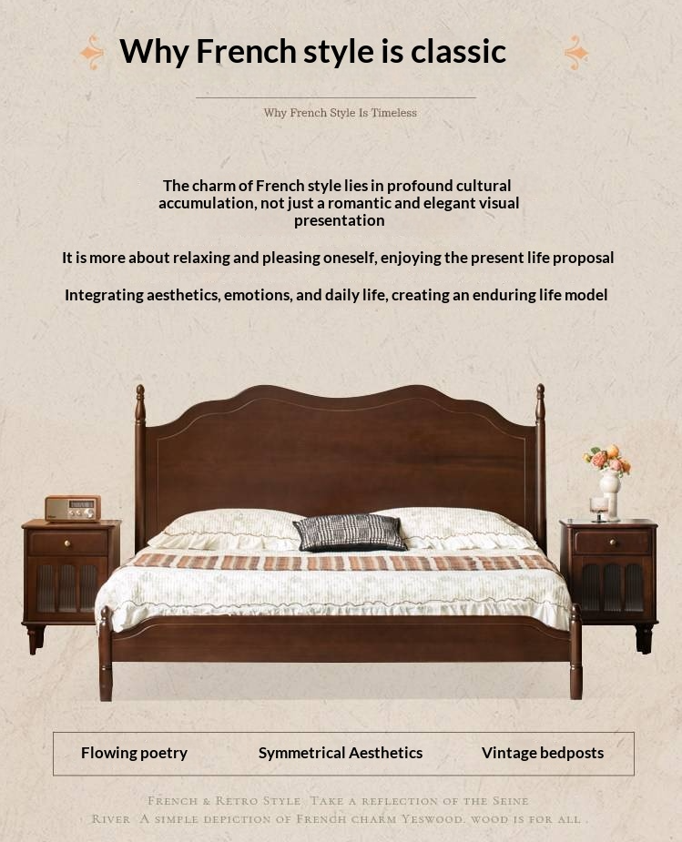 Poplar Solid Wood Bed — French Retro Style with Mid-Fashion Design