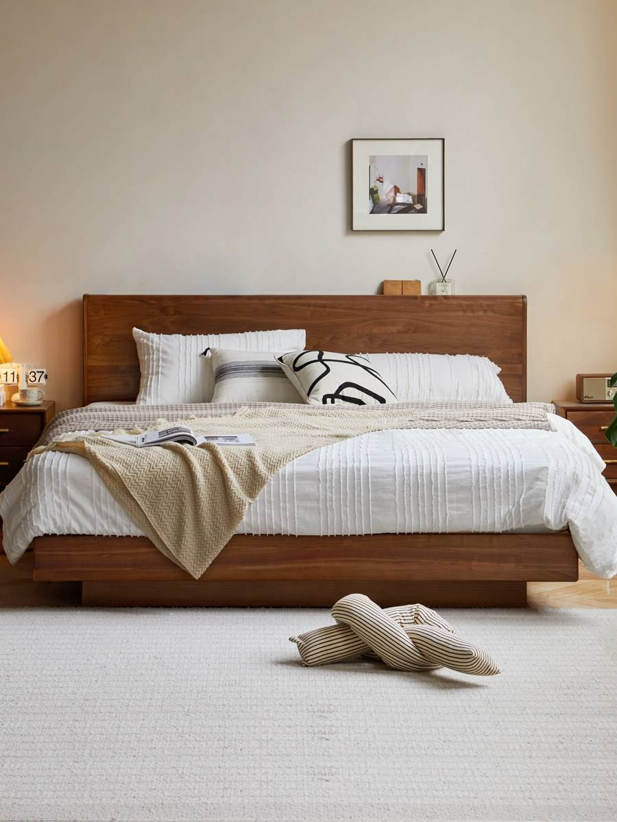 Black Walnut, Sandalwood Solid Wood Box Bed — Luxury Floating Bed with Glow-in-the-Dark Features