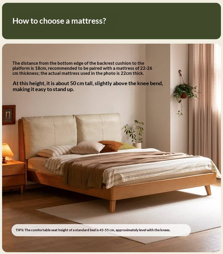 Cherry Solid Wood Bed — Retro Style with Genuine Leather Upholstery