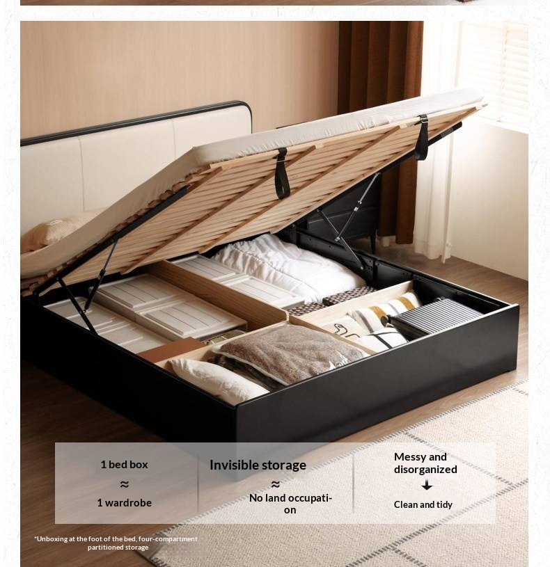 Rubberwood Solid Wood Box Bed — Modern Minimalist Black Upholstered Bed with Storage and Genuine Leather
