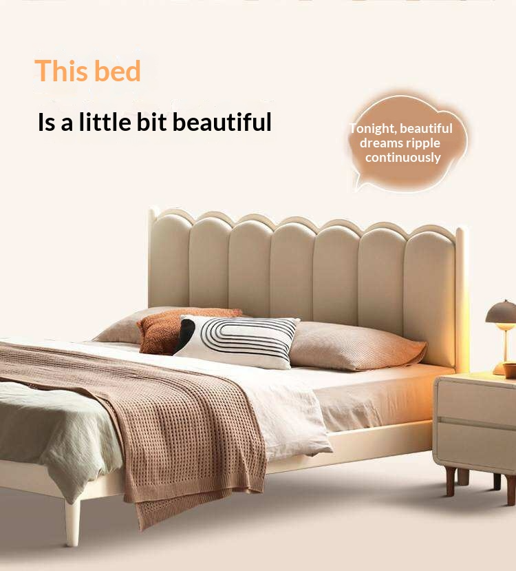 Rubberwood Solid Wood Upholstered Bed with Scalloped Headboard, French Cream Style