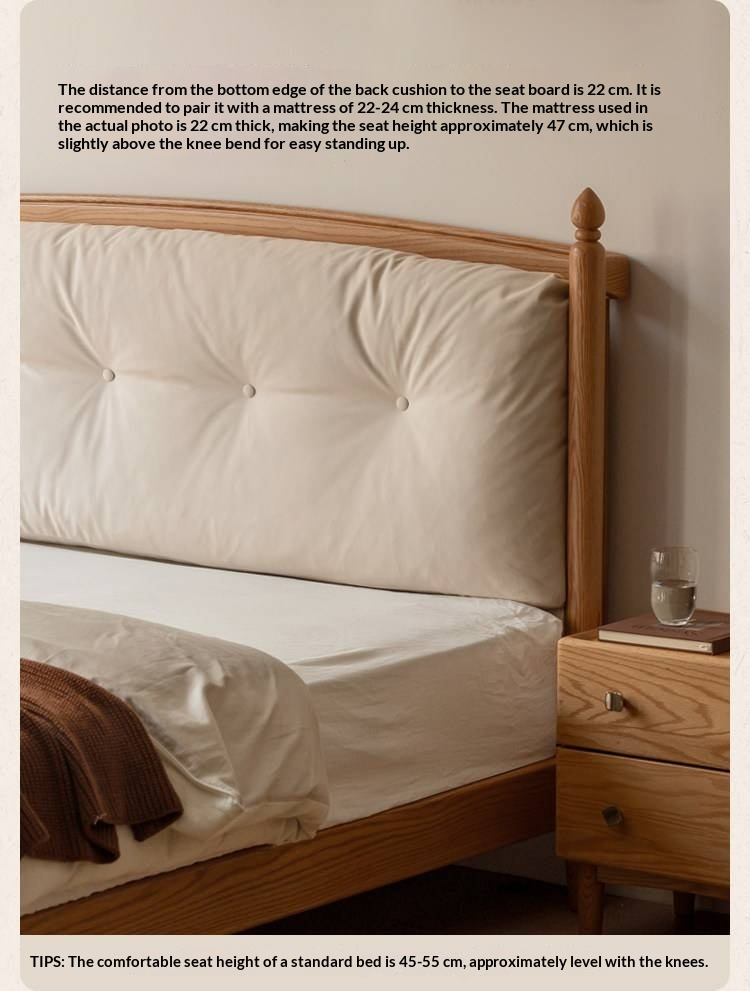 Oak Solid Wood Bed — Modern Minimalist with Genuine Leather and Soft Headboard