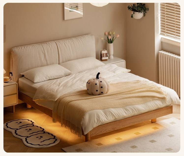 Oak Solid Wood Bed — Cream Style Upholstered Suspended Luminous Bed