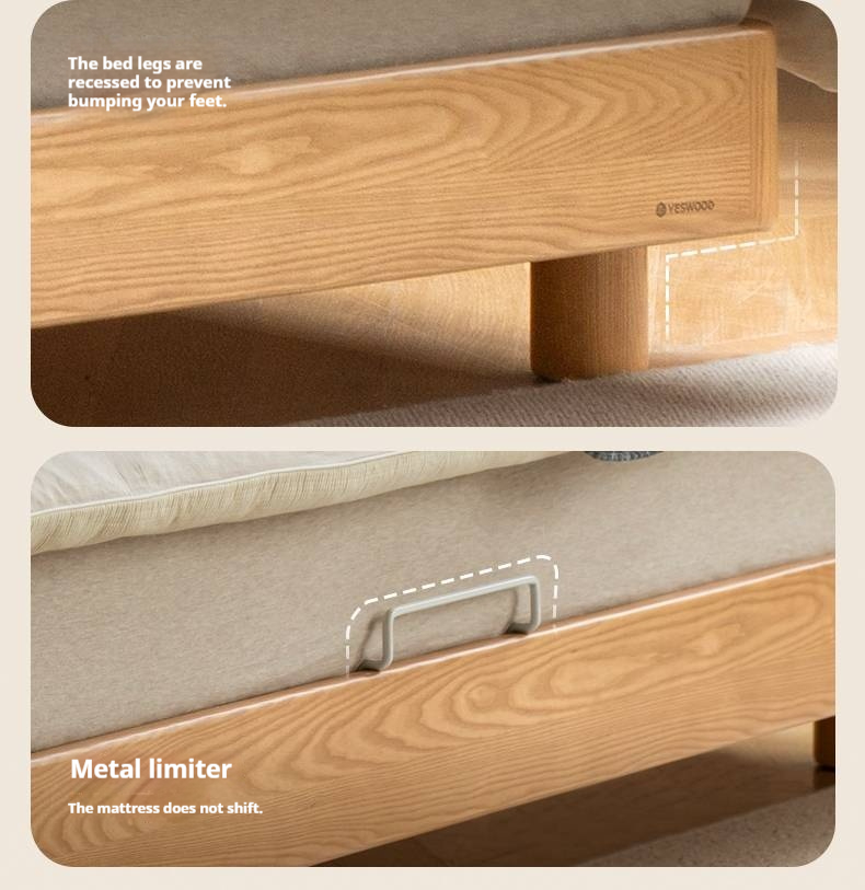 Ash Solid Wood Bed with Top Grain Cowhide Upholstery in Modern Minimalist Style