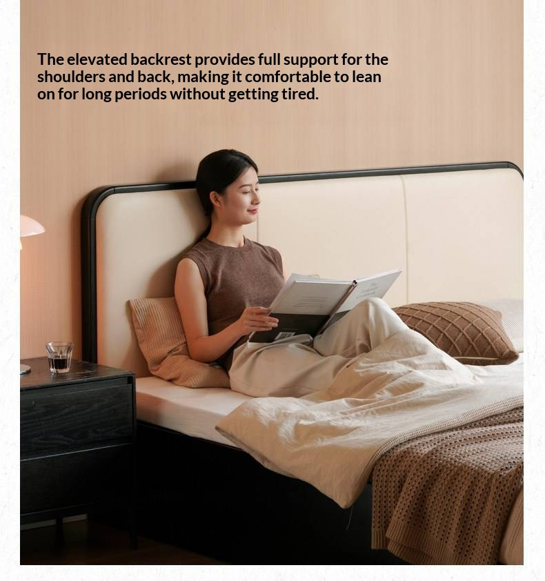 Rubberwood Solid Wood Box Bed — Modern Minimalist Black Upholstered Bed with Storage and Genuine Leather