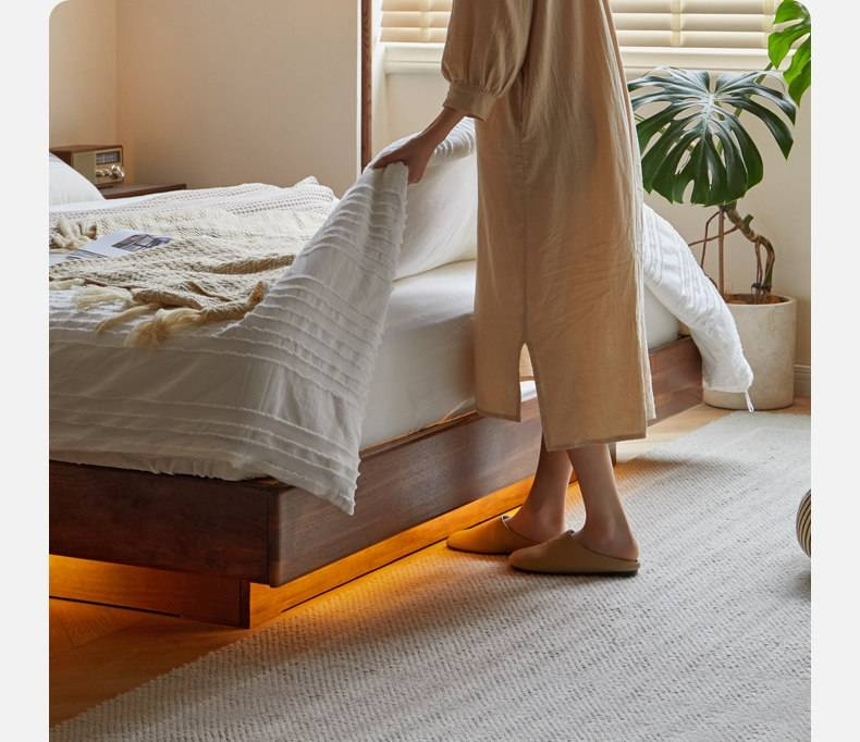 Black Walnut, Sandalwood Solid Wood Box Bed — Luxury Floating Bed with Glow-in-the-Dark Features