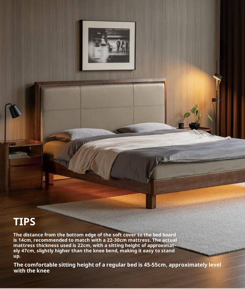 Black Walnut, Oak Solid Wood Italian Light Luxury Genuine Leather Soft Headboard Luminous Bed