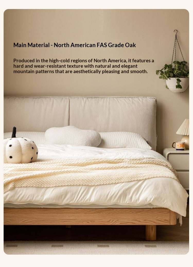 Oak Solid Wood Bed — Cream Style Upholstered Suspended Luminous Bed