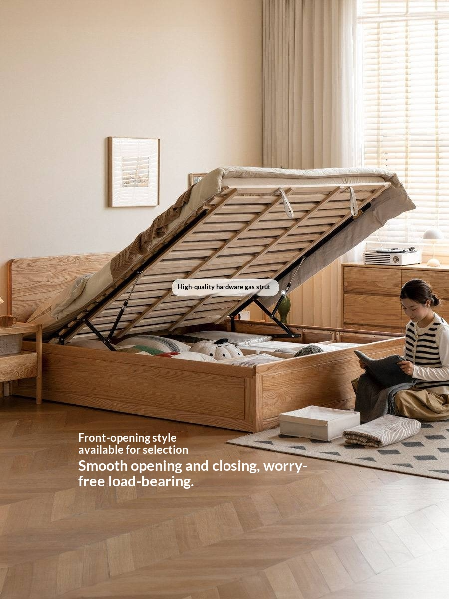 Oak, Beech Solid Wood Box Bed — Minimalist Side-Opening Storage Bed