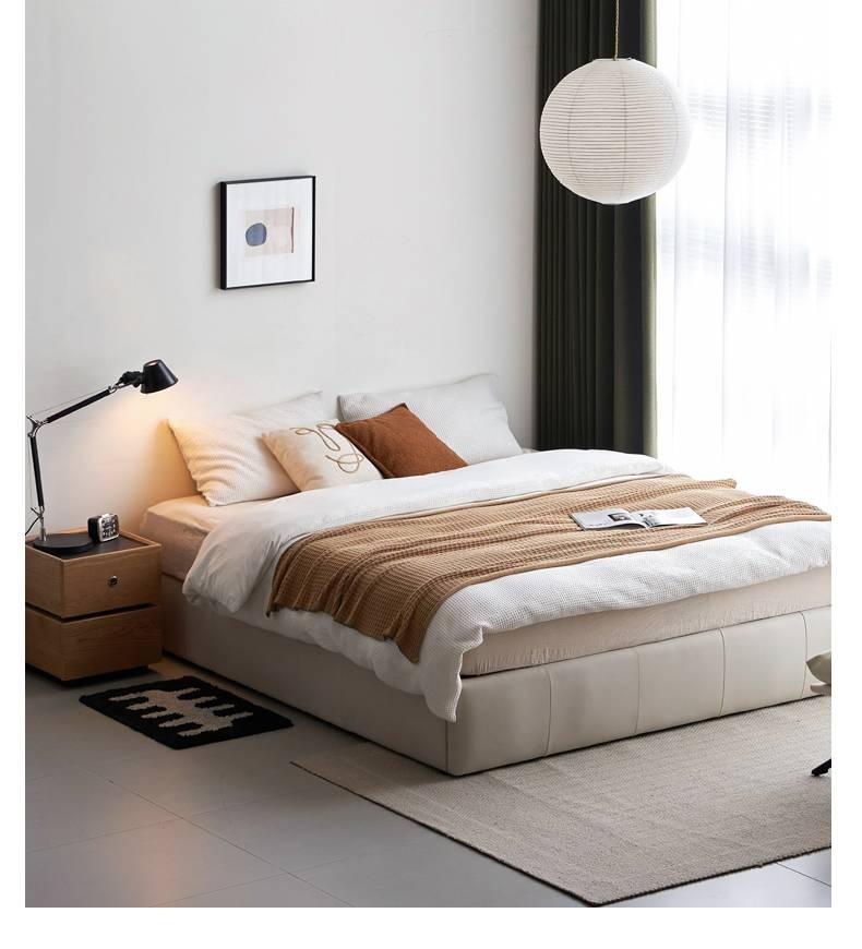 Genuine Leather Luxury Platform Box Bed, Headboard-Free Bed